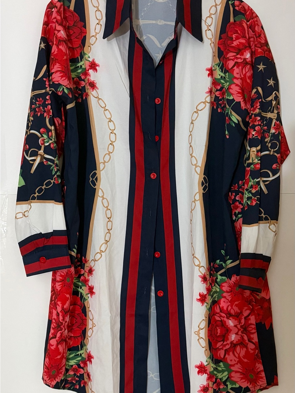 Floral Chain-Print Button-Front Tunic Shirt - Navy & Red